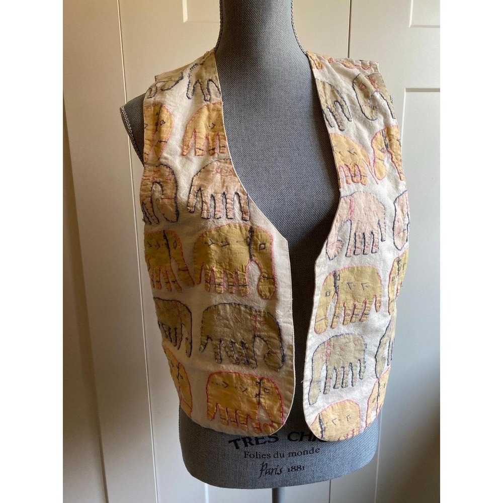 Vest Soho Compagnie Cotton Appliquéd Elephant Patchwork Boho Cottage Small s52